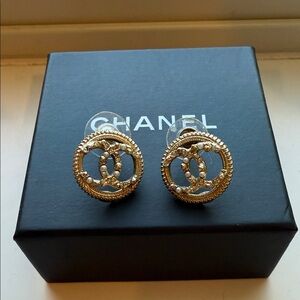 CHANEL Gold and Silver Logo Earrings